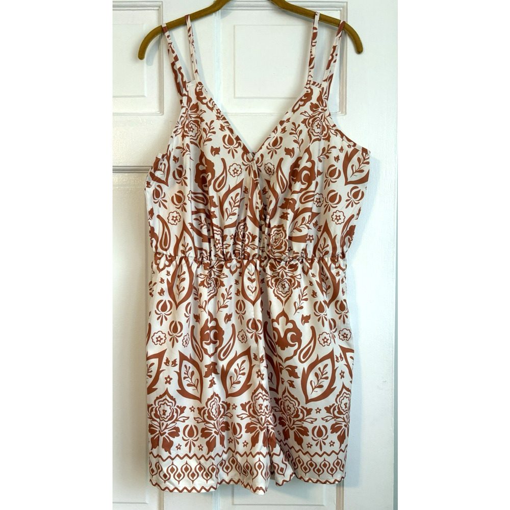 Womens‎ 1XL Rust Orange White Damask Paisley V-Neck Romper sz2504145547